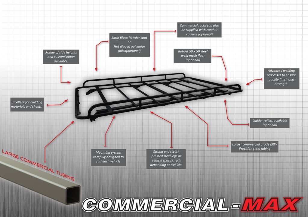 Commercial-Max roof racks are built to cope with the heavy loads and the daily use required by commercial users.