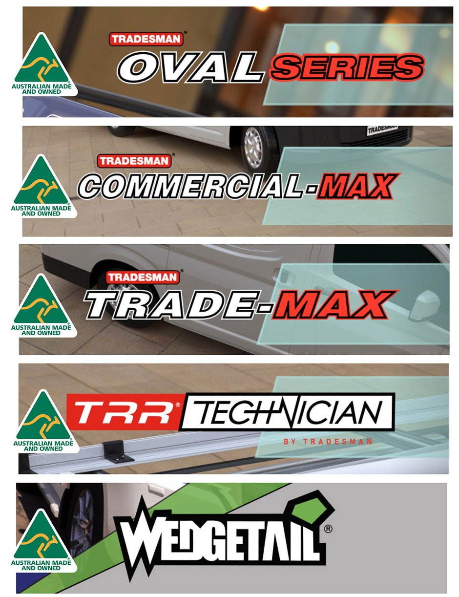 Hero image for the "Australian Made" blog showing logotypes for all five product lines – oval series, commercial-max, trade-max, technician and wedgetail.
